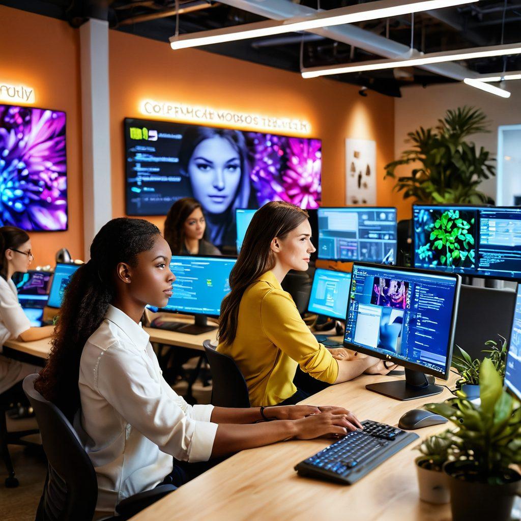 A diverse group of female technologists collaboratively working at a bright, modern workspace filled with customization tools and tech gadgets. Display vibrant screens showcasing coding and design applications. Include empowering quotes on the walls, plants for a refreshing touch, and dynamic workstations that highlight creativity. Soft, warm lighting creates an inviting atmosphere. super-realistic. vibrant colors. 3D.