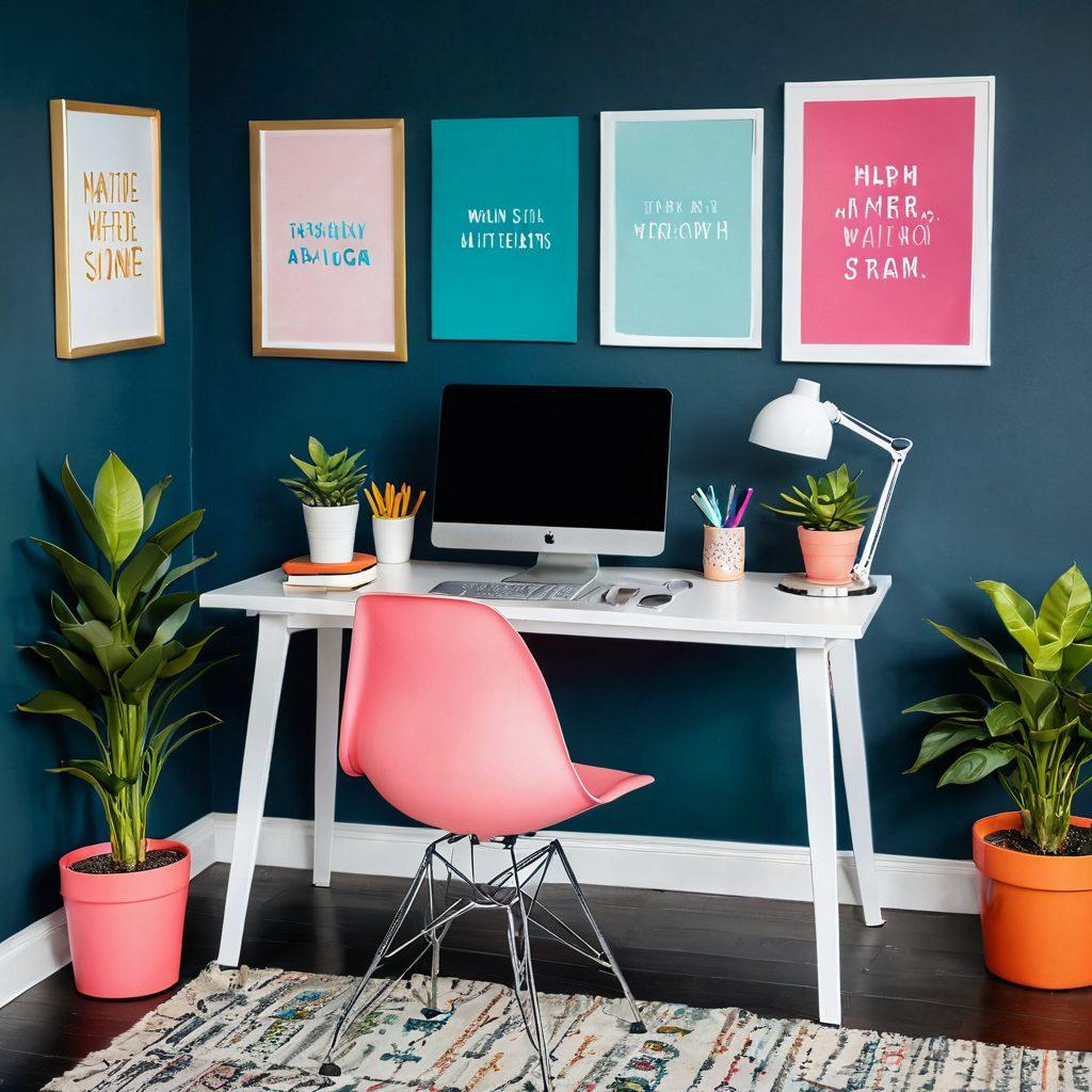 A modern, stylish workspace featuring a feminine touch—colorful desk accessories, unique wall art, and motivational quotes. Incorporate elements like a sleek laptop, a cozy chair, and plants for a fresh ambiance, emphasizing tech-savvy decor. Highlight the transformative aspect of personalization through vibrant colors and innovative solutions. super-realistic. vibrant colors. minimalistic design.